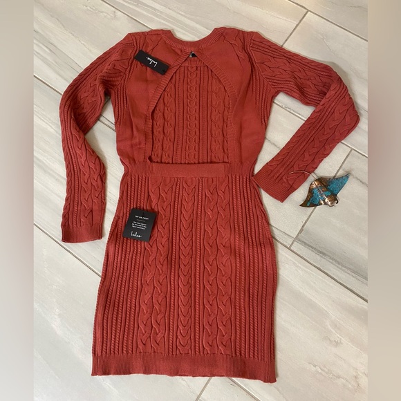 Snuggly and Sexy - Lulu's backless cable sweater dress in Rusty Red - XL - Picture 4 of 7
